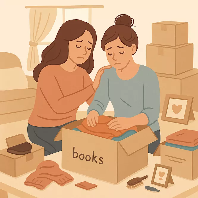 person packar flyttkartonger med kläder och personliga saker under en separation, medan en vän sitter bredvid och ger känslomässigt stöd